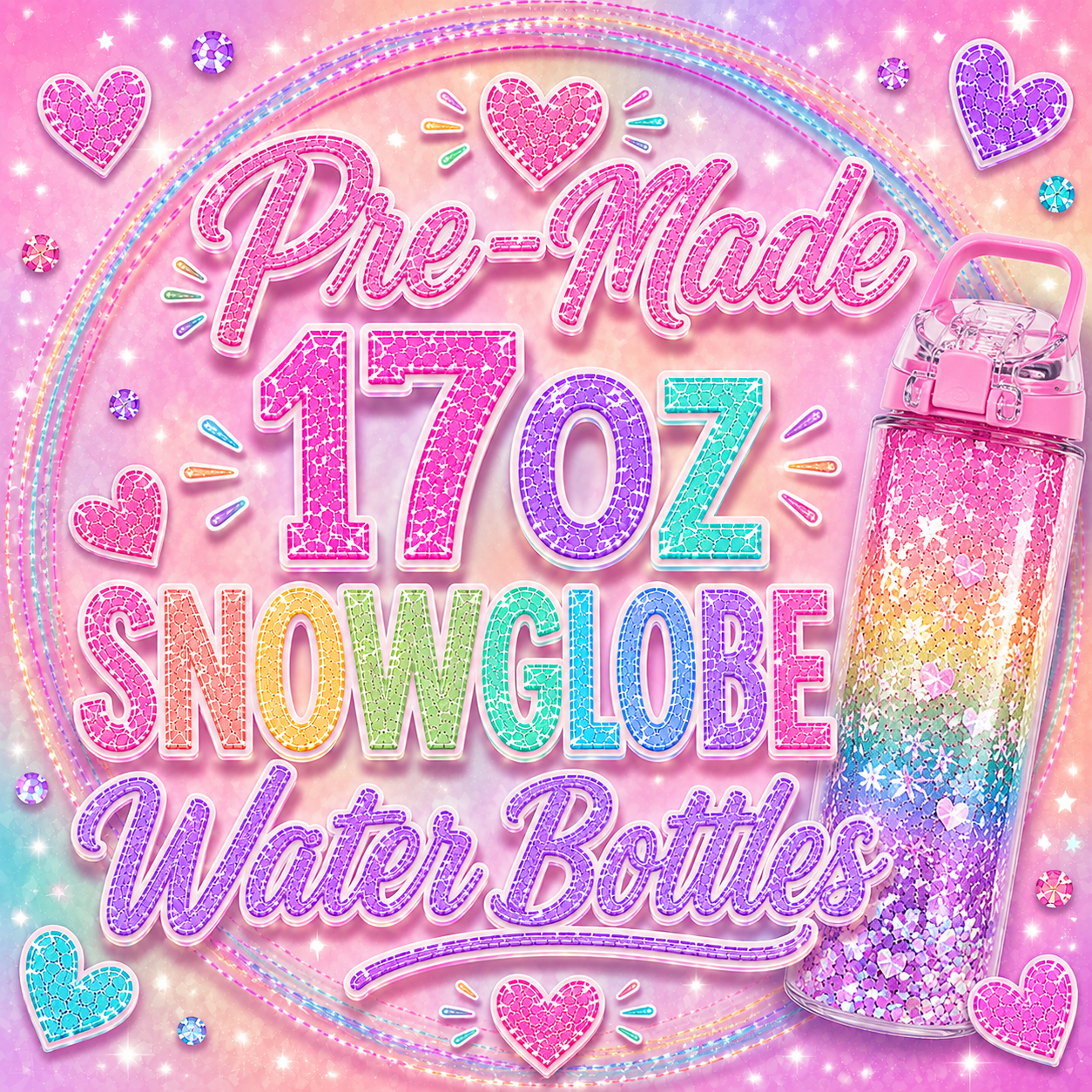 Pre-made 17oz Snowglobe Water Bottles