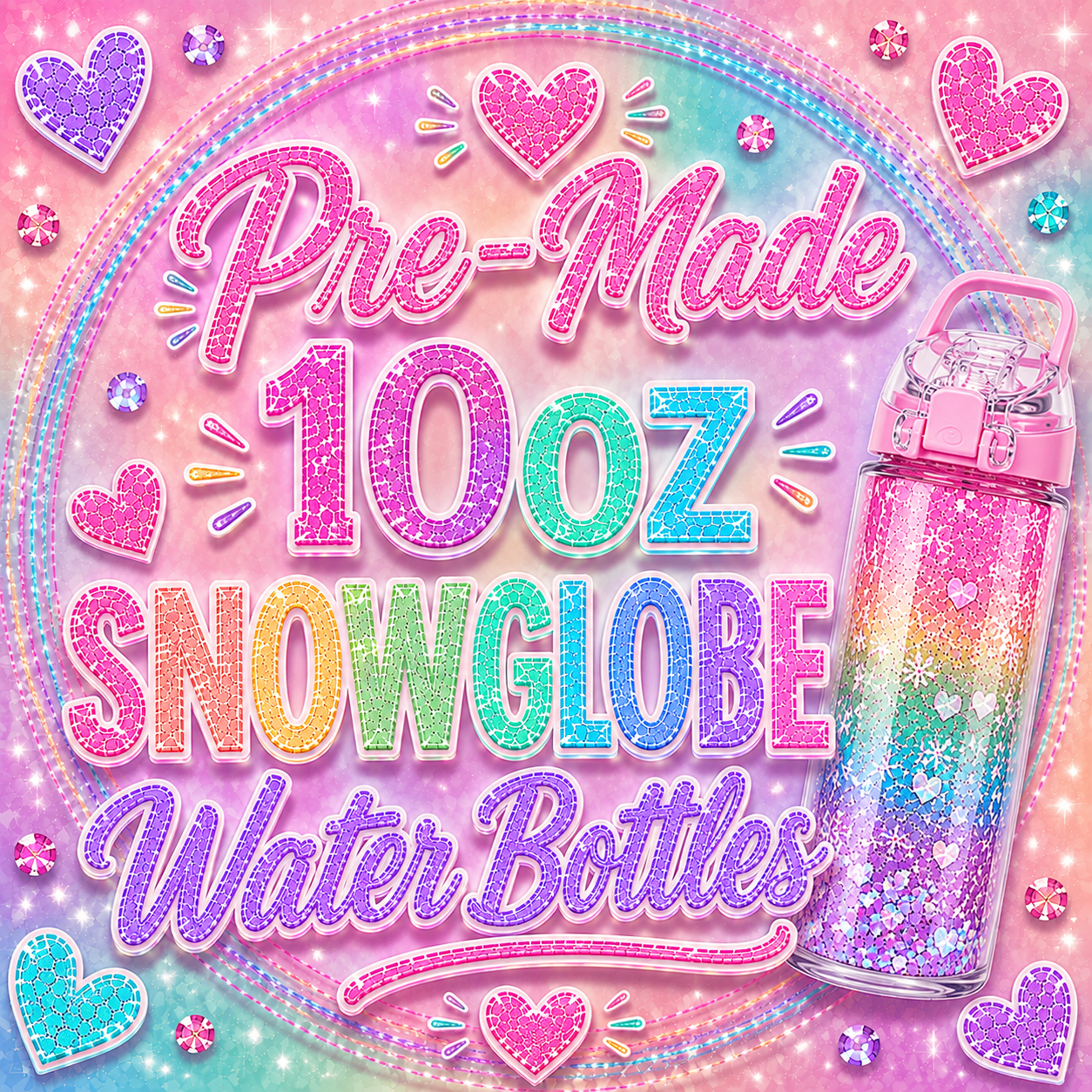 Pre-made 10oz Snowglobe Water Bottles